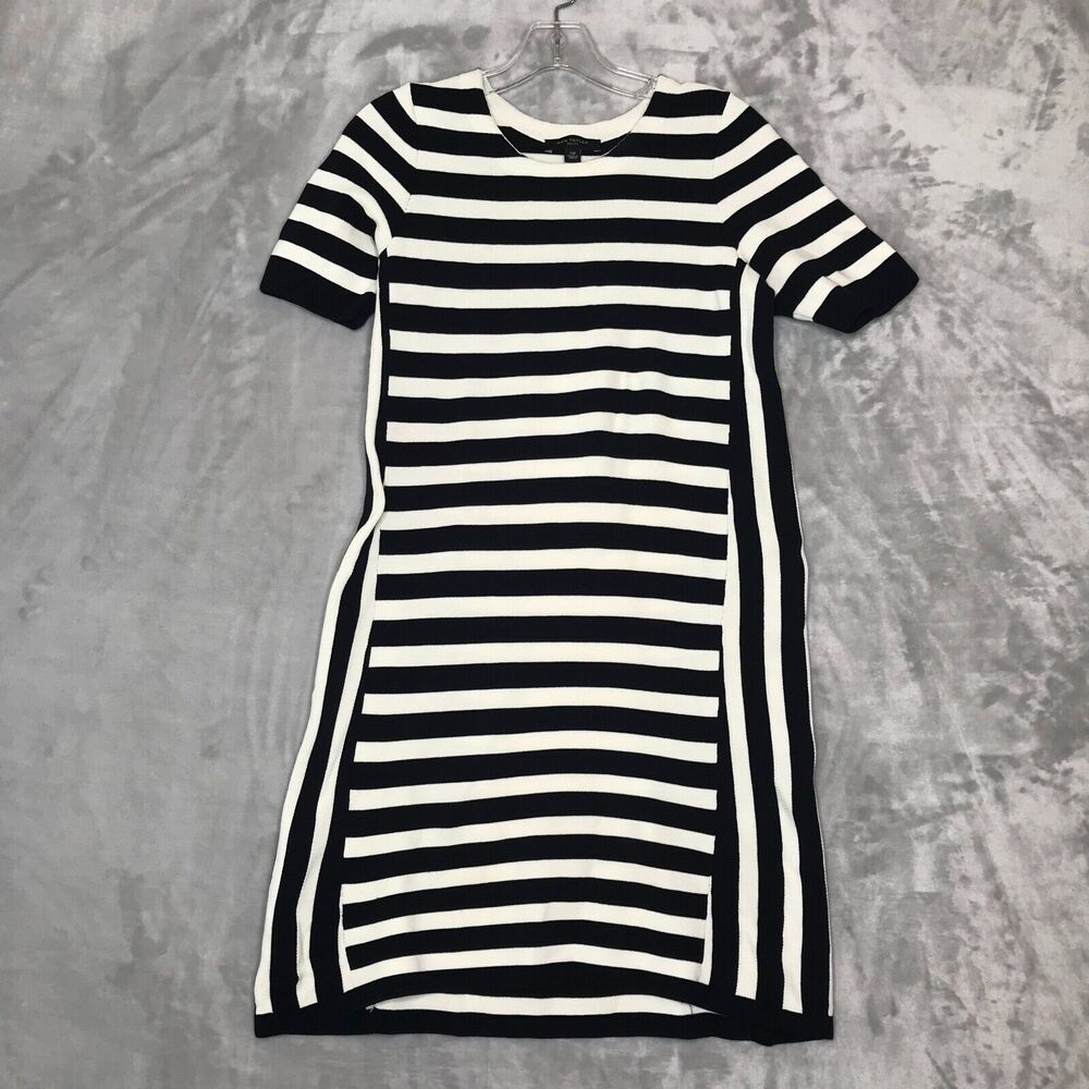 Ann Taylor Petite Dress Womens SP Blue Cream Stripe Knit Short Sleeve Crew Neck